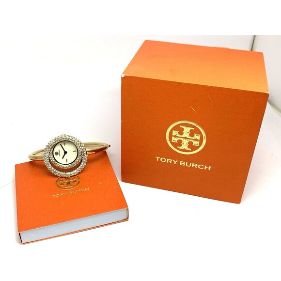Tory Burch Women's Watch TBW7026 Cream Dial Quartz Bangle Swirl Gems Gold Steel - Picture 3 of 15